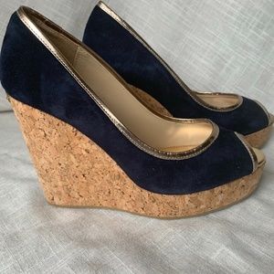 Jimmy Choo Papina Navy/Gold Cork Wedge Sandal
